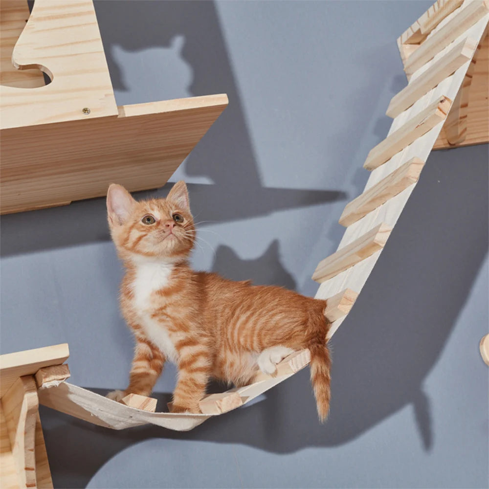 Wall-Mounted Cat Furniture Hammock with Scratching Post – Wooden Cat Climbing Frame & Sisal Ladder Shelves