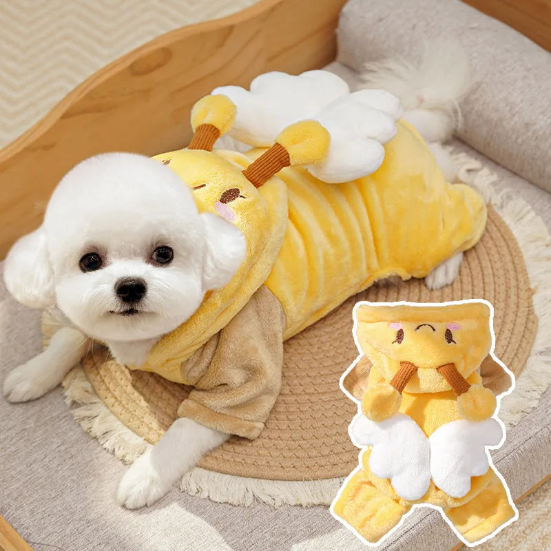 Bee Dog Pajamas – Fleece-Lined Flannel Pet Jumpsuit for Small Dogs & Cats, Warm 4-Leg Puppy Outfit, Cute Cartoon Winter Clothes for Teddy, Bichon, Chihuahua